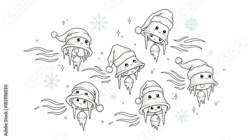 Whimsical winter spirits: A collection of charming spirits wearing Santa hat flutter amidst snowflakes and wind, spreading holiday cheer with their cute faces and ethereal form.