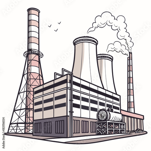 Industrial power plant with cooling towers and smokestacks emitting steam and smoke against a white background