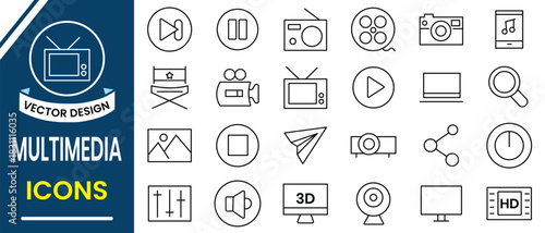 Multimedia icon set. Production icon, Cinema line icon, vector set collection. Containing camera, play, pause, production, player, media, online video, live, movie, cinema icons. Vector illustration