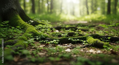 Sunlit Forest Path with Moss-Covered Tree Roots and Green Plants