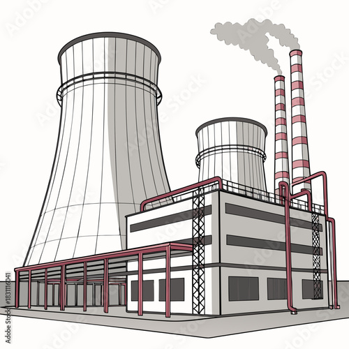 Modern industrial power plant with large cooling towers and smokestacks emitting steam against a white background