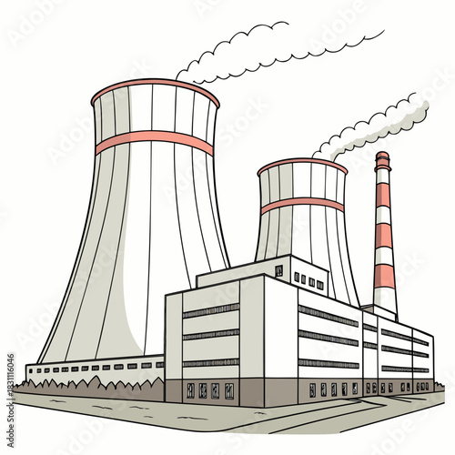 Illustration of a large industrial power plant with two prominent cooling towers emitting steam against a white background