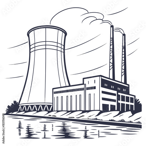 Industrial power plant with cooling tower and smokestacks emitting steam near a body of water