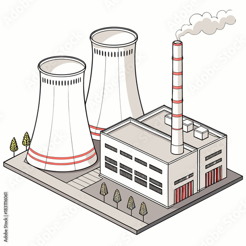 Isometric illustration of a power plant with cooling towers and a smokestack emitting smoke