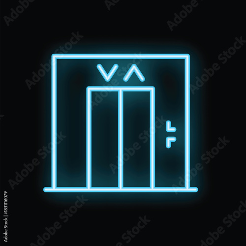 Blue neon sign in the shape of an elevator with its doors opening