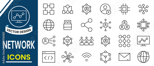 Network icon set. Network related thin line icons for website, communication, technology, broadband, marketing, internet, data, cloud, team, logo, app, template, ui, etc. Vector illustration.
