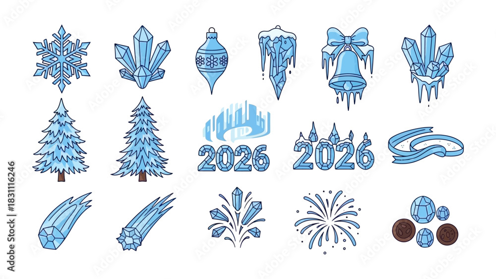 Fototapeta premium Winter Holiday Icon Set: A vibrant collection of winter-themed icons, featuring a variety of holiday symbols, including snowflakes, crystal ornaments, and fireworks.
