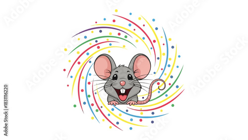 Cheerful Mouse in a Whirl of Joy: An animated mouse, its cheerful face lighting up with happiness, is surrounded by a vibrant swirl of colorful confetti, expressing fun.