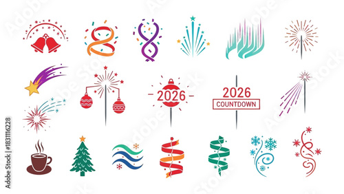 Festive Collection: A vibrant assortment of symbolic illustrations perfect for the holiday season or New Year's celebrations.