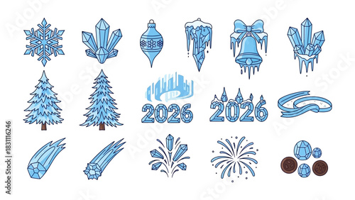 Winter Holiday Icon Set: A vibrant collection of winter-themed icons, featuring a variety of holiday symbols, including snowflakes, crystal ornaments, and fireworks.