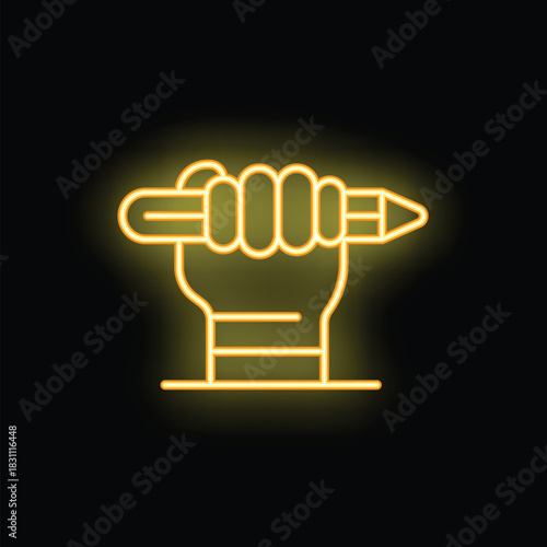 Neon sign of a hand tightly gripping a pen, symbolizing the power of writing