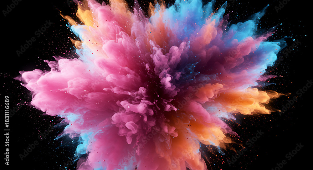 Naklejka premium Colorful smoke cloud exploding on black background in shades of pink