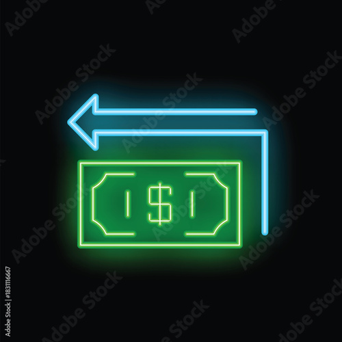 Neon sign representing a cash back concept, with a green dollar bill and a blue arrow pointing to its left