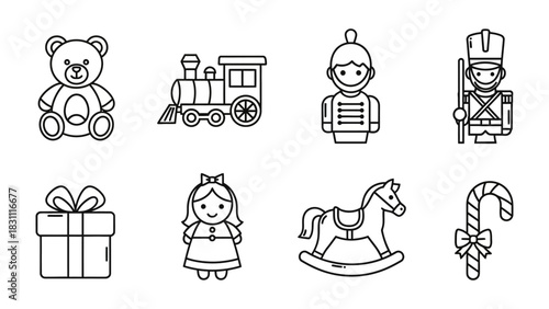 Joyful Toys Illustration: A delightful ensemble of classic toys, meticulously illustrated in a monochromatic style. Capturing the simplicity and charm of childhood favorites.