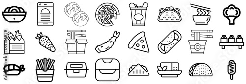 Diverse Food Icons Fast Food, Asian Cuisine, and Healthy Options