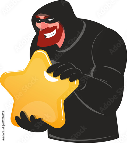 thief wearing black mask is holding star in hands, criminal stole star