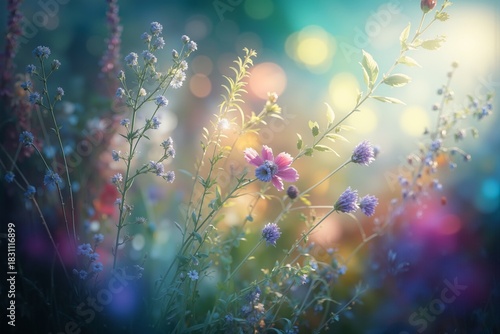 Fototapeta Naklejka Na Ścianę i Meble -  Wildflowers in soft focus, ethereal beauty with dreamy bokeh background, summer meadow