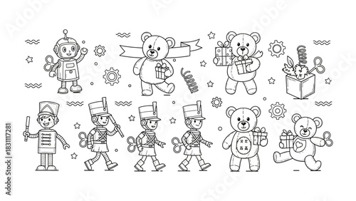 Whimsical Toy Collection: A delightful ensemble of vintage-inspired wind-up toys, robots and teddy bears and soldiers, set against a playful backdrop. These timeless playthings.