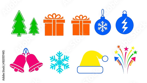 Festive Elements Collection: A cheerful compilation of Christmas-themed graphics featuring a decorated tree, gift, bauble, bell, snowflake and Santa hat ready for your holiday designs.