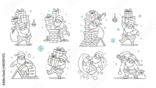 Joyful Christmas: A collection of charming cartoon scenes capturing the essence of Christmas, featuring Santa Claus and his gift-laden journey.