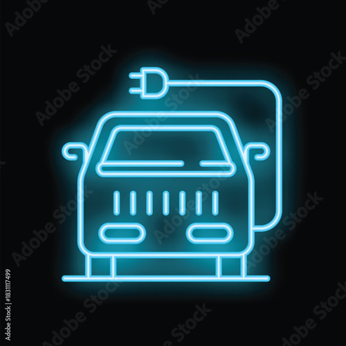 Neon sign depicting an electric car being charged with a cable and plug, symbolizing sustainable transportation