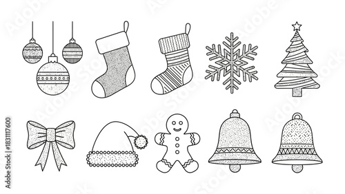 Christmas Festive Collection: Festive season sketch featuring ornaments, stockings, snowflake, christmas tree, bow, santa hat, gingerbread man, bell, capturing the joyous spirit of winter holidays.