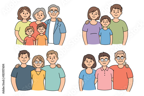 Four distinct illustrations of diverse family groups posing together, each showing loving relationships and connection.