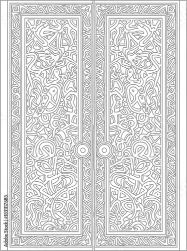 Intricate line art of ornate double doors with detailed geometric patterns