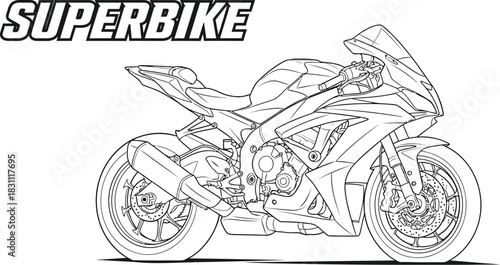 Detailed line art of a superbike motorcycle design on a clean white background