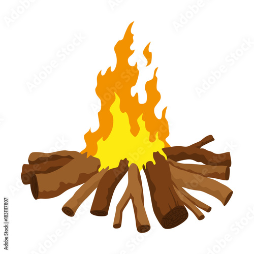 Fireplace campfire type. Burning wood, travel and adventure symbol. Vector bonfire or woodfire in cartoon flat style. Tourist bonfires in stack