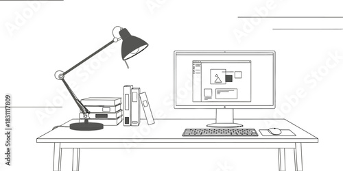 Desk with computer and lamp illuminating books in a minimalist workspace scene