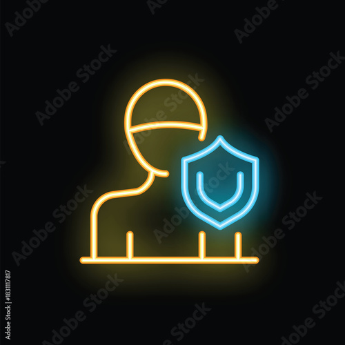 Neon stylized icon of a person being protected by a shield, representing the concept of security
