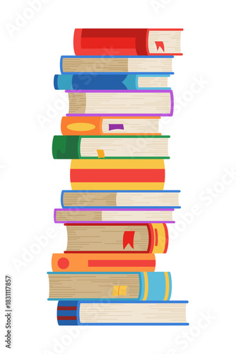 High book stacks or pile. Library textbooks and school literature heaps, dictionaries. Bookstore advertise. Cartoon stacked books angle view with different colorful covers isolated on white