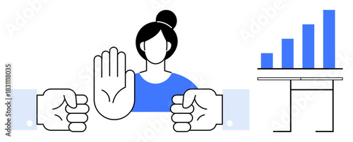 Woman raises her hand to de-escalate conflict between two fists, with bar chart symbolizing performance, success, or progress. Ideal for teamwork, leadership, conflict resolution, equality, business