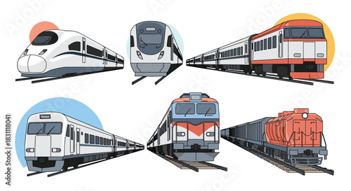 Diverse set of train illustrations featuring high-speed, passenger, and freight locomotives on railway tracks.