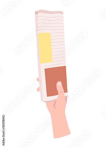 Cartoon newspaper in hand. Morning press and news journals folded and opened, business man hand with paper journal, daily news concept. Vector illustration