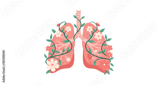 A stylized illustration of healthy human lungs adorned with flourishing vines, green leaves, and vibrant flowers, symbolizing vitality and clean breathing.