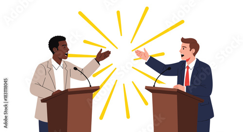 Two men engage in a lively debate, speaking passionately from podiums with microphones, representing diverse viewpoints.