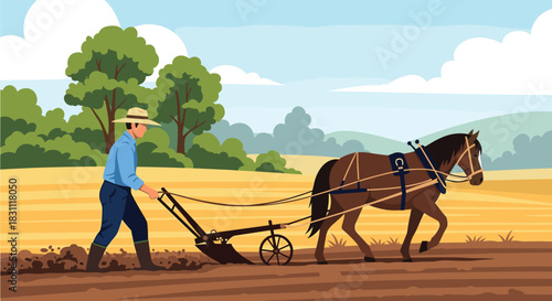 A farmer wearing a straw hat and blue shirt is plowing a field with a horse, preparing the land for crops under a clear sky.