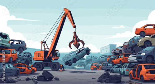 An industrial scene depicts a pixel art style car junkyard where a crane is actively relocating a damaged vehicle amidst stacks of old cars.