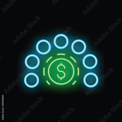 Neon sign representing crowdfunding concept with dollar sign surrounded by circles on black background