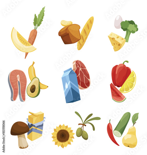 Colorful Variety of Fresh Food Items and Ingredients