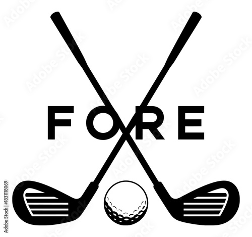 Golfing “Fore” word design featuring crossed clubs and central golf ball, creating a bold athletic emblem ideal for sports graphics, apparel prints, tournament branding, signage, and modern vector art