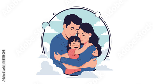 A loving family of three embracing each other with joy and affection, surrounded by clouds and sky, symbolizing happiness and peace.