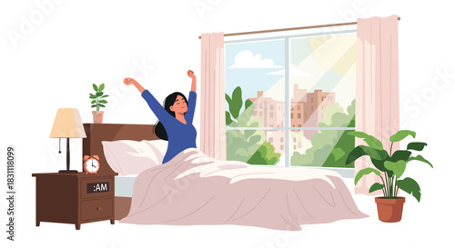 A young woman happily stretches in her bed after waking up, with bright sunlight streaming through the window in the morning.