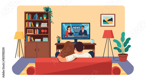 A man and woman are comfortably seated on a sofa, watching a news program on television in a modern living room setting.