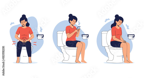 Illustrations depicting a woman experiencing stomach pain, using a smartphone on the toilet, and looking stressed, highlighting common bowel movement issues.