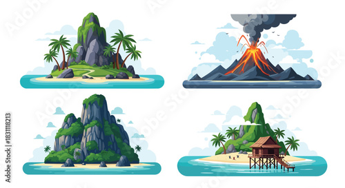 A vibrant collection of diverse island landscapes, featuring tropical beaches, an erupting volcano, and traditional stilt houses.