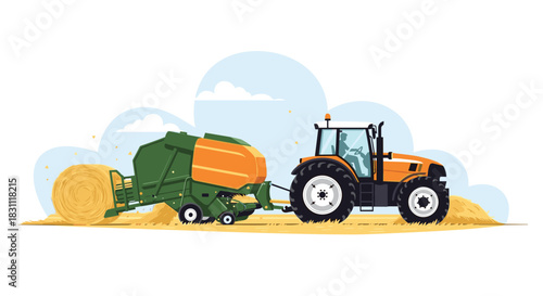 A modern orange tractor pulls a green and orange baler, actively processing hay into round bales in a golden field under a light blue sky.