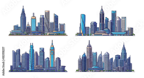 Set of four unique illustrated city skylines with modern skyscrapers and urban architecture in a minimalist line art style.